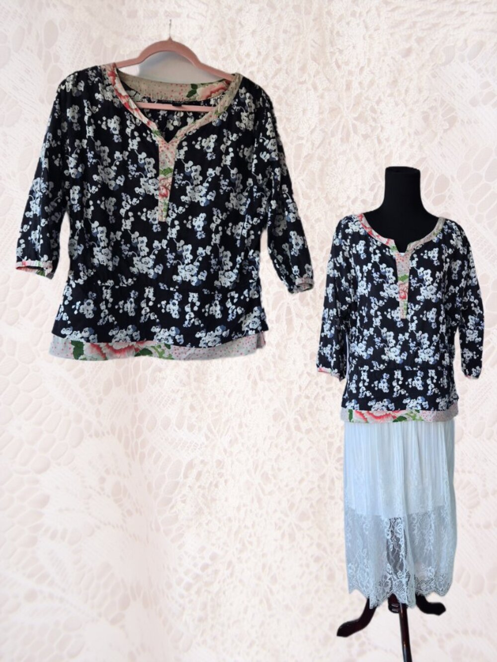 Little Journey Chicago Floral Cotton Blouse 3/4 Sleeves Lagenlook Art to Wear
